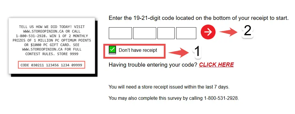 Visual guide showing the 'Don't have receipt' checkbox on the StoreOpinion.ca start screen